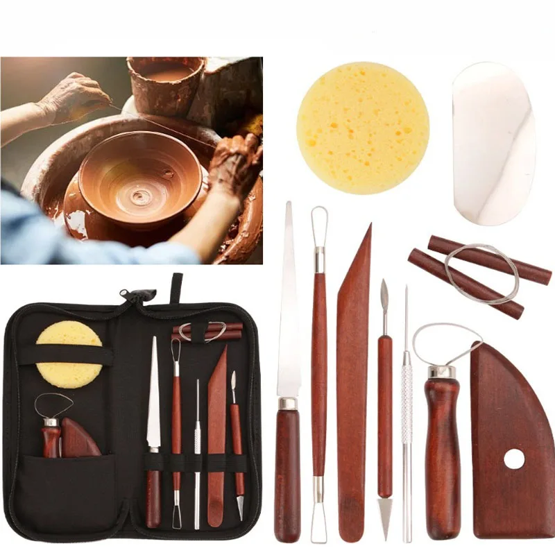 10-piece Pottery Clay Tool Carving Set Multi-specification Mahogany Color Metal Wood Soft Clay Sculpture Knife Pottery Supplies