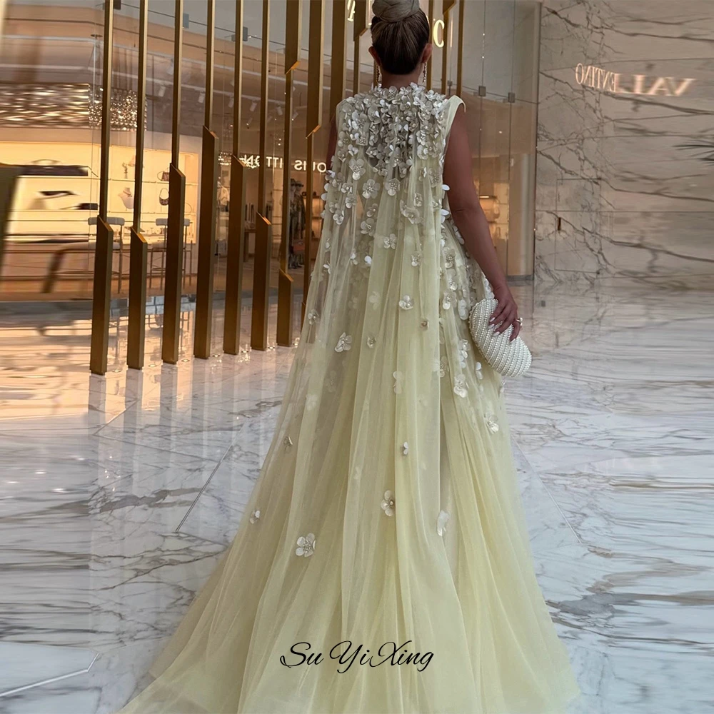 Clássico personalizado flores artesanais tule vestido de noite sexy com decote em v sem mangas vestido de celebridade com xale vestido de baile de alta qualidade