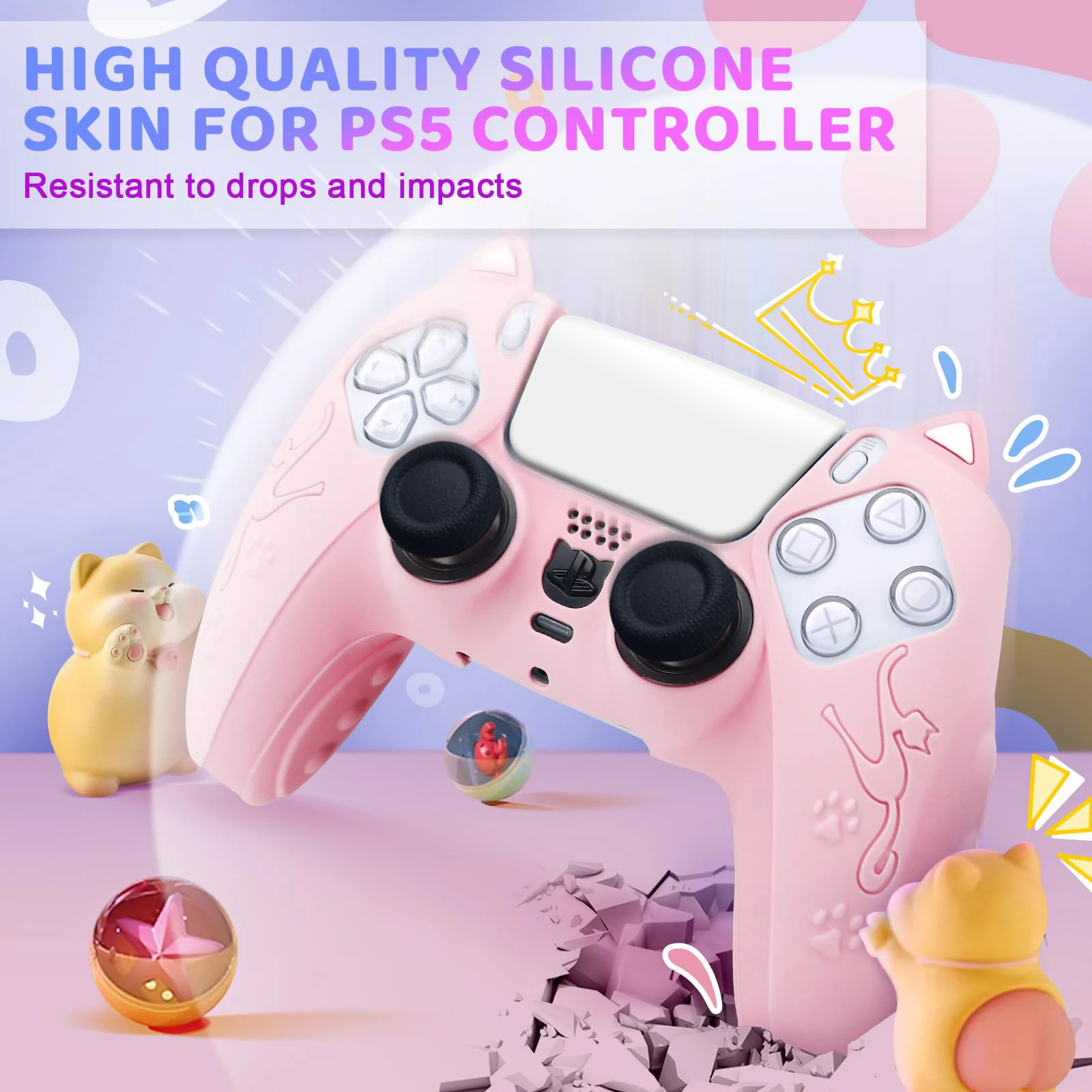 PS5 Controller Case Set Silicone Cute Cat Thumb Grip Caps + PS5 Controller Shell Cover + For SONY Playstation 5