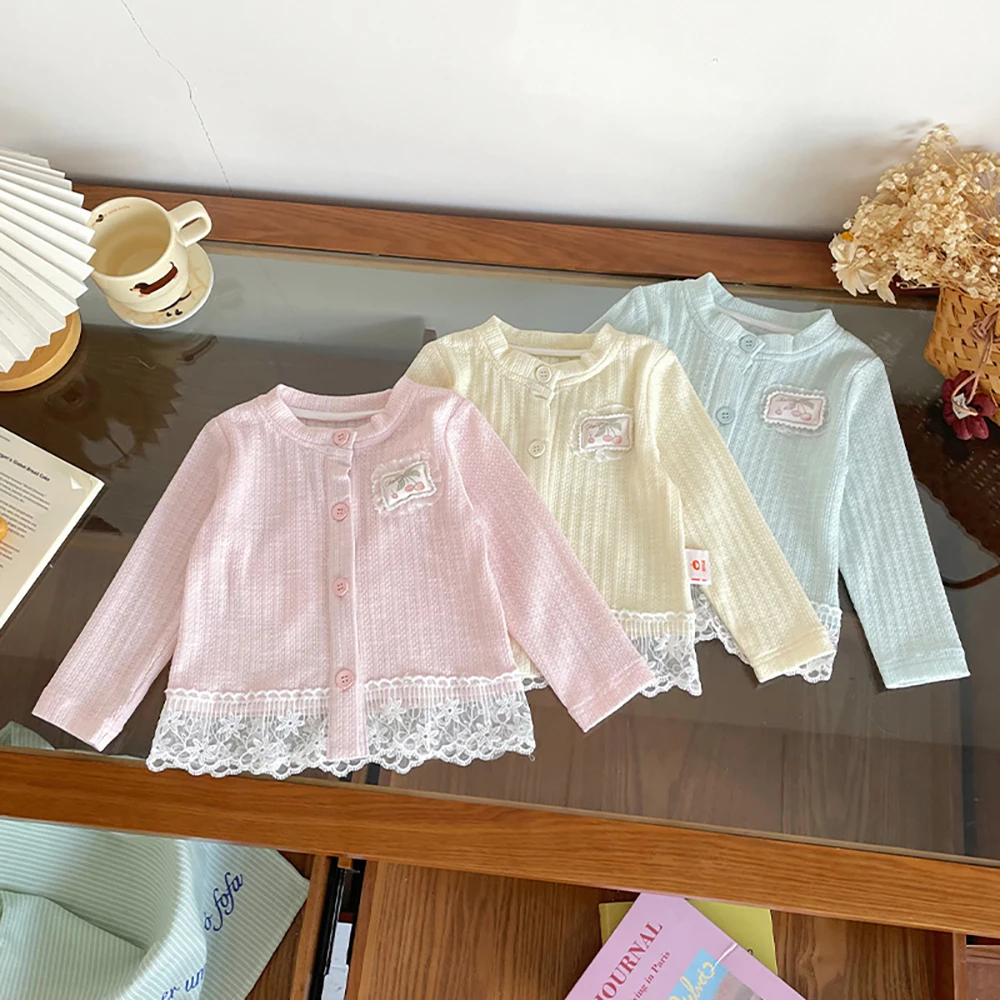 

Toddler Girls Thin Knit Cardigan Spring Summer Lace Hem Trim Long Sleeve Kids Jackets Soft Breathable Pastel Color Outerwear