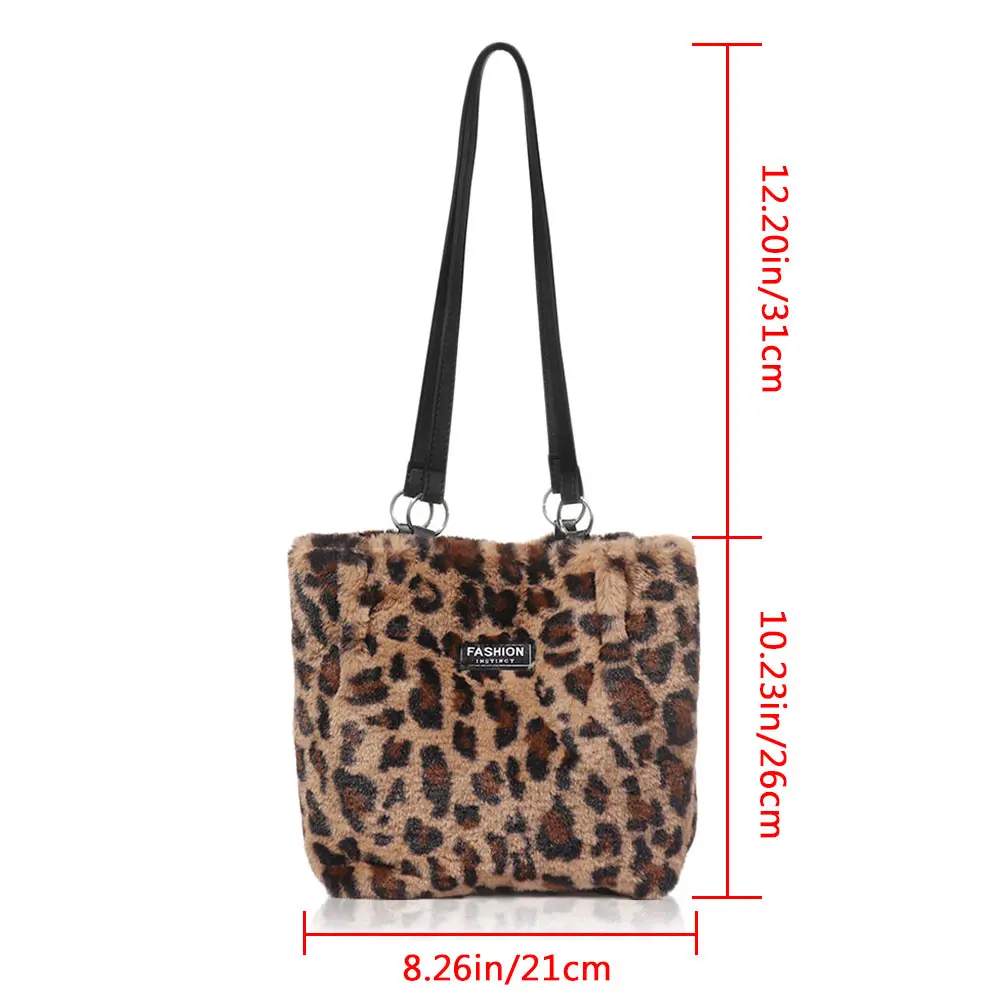 Ladies Women Girls Leopard Printed Shoulder Bag Soft Fluffy Plush Handbag Winter Tote Bag Crossbody Messenger Bag