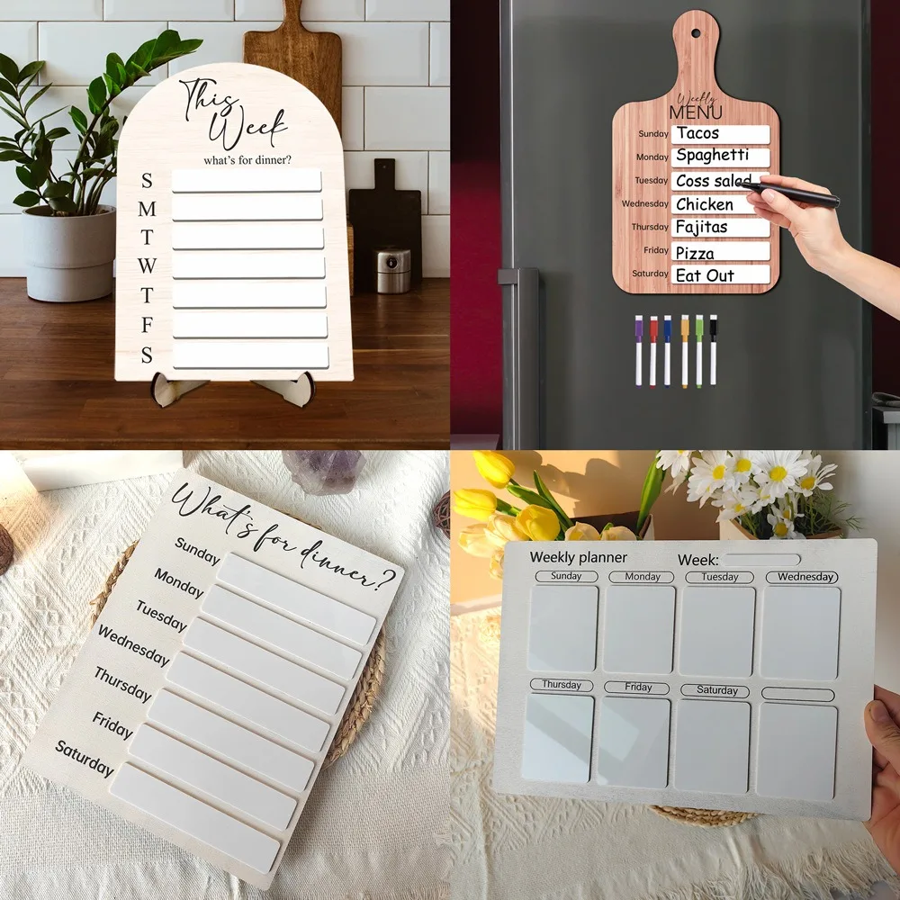 Pratico frigorifero magnetico per pianificatore di pasti in legno con penna, menu settimanale per alimenti, scheda per la preparazione dei pasti, casa