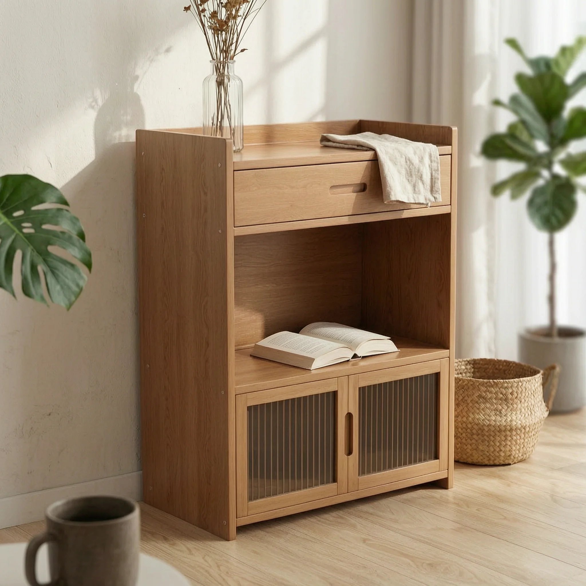 Three-Tier Storage Cabinet Sturdy Wooden Cabinet with Drawer Freestanding Storage Unit Compact Organizer Scratch-Resistant