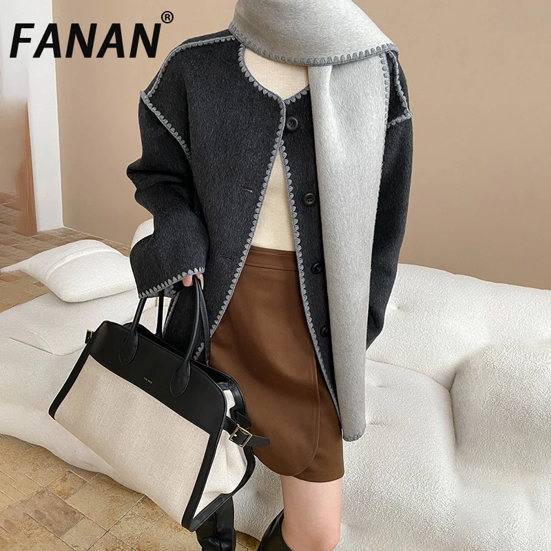FANAN オフィスレディ厚く暖かい 100% ウールコート女性のためのシングルブレスト気質ジャケットスカーフ襟生き抜く冬新
