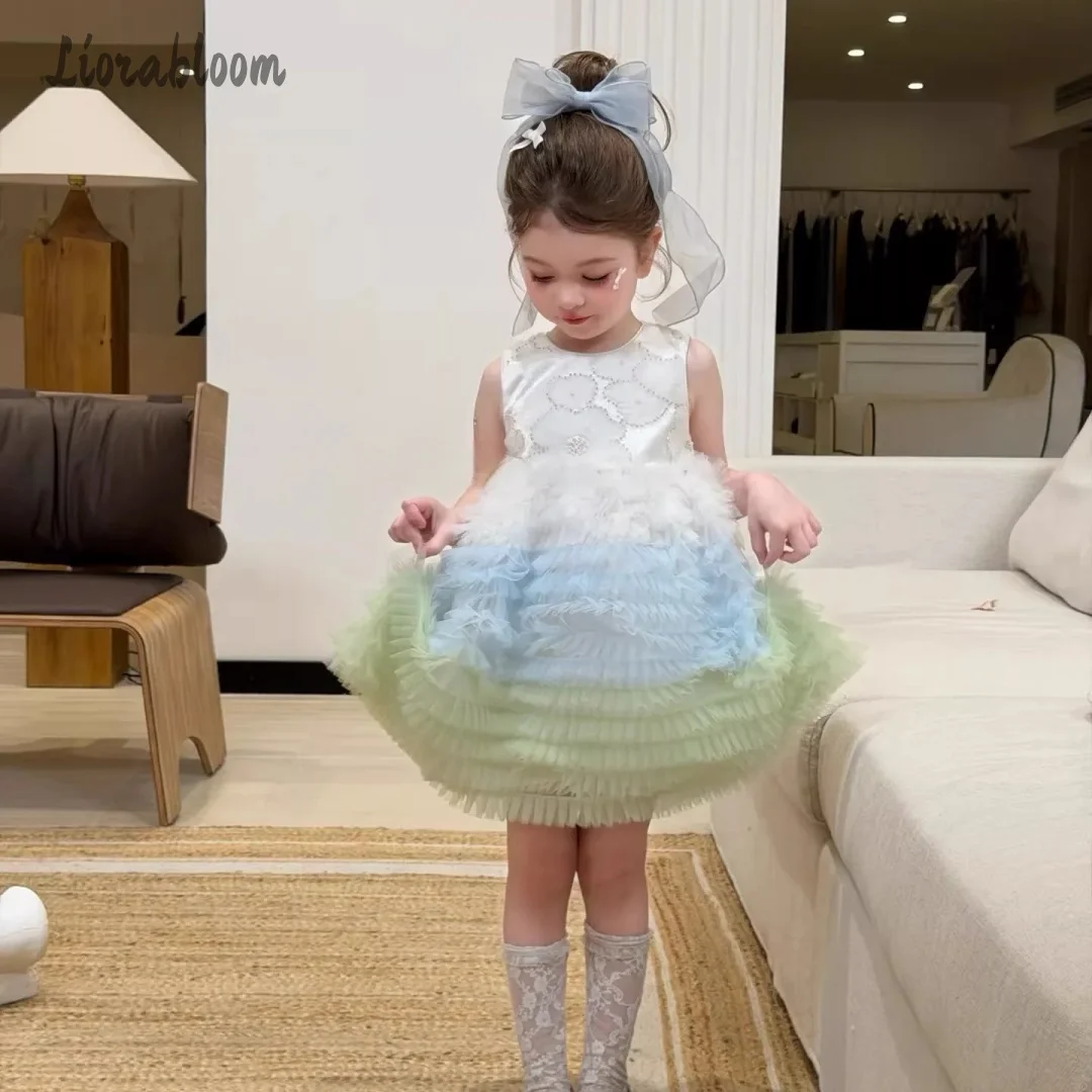 Girls' Multicolor Tulle Gown Embroidered Flower Girl Dress Wavy Hem Design Formal Party Dress Princess Gown Elegant Long Dress