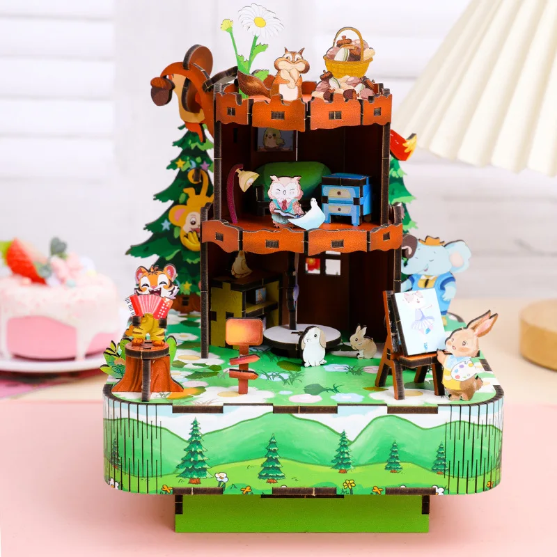 Caja de música de bosque de animales de madera 3D DIY, Kits de modelos en miniatura, rompecabezas que se puede mover para amigos, regalos de cumpleaños, decoración del hogar
