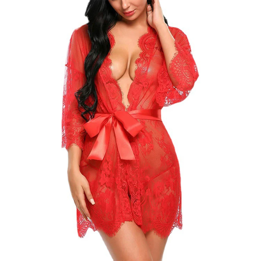 Women Sexy Pajamas Ultrathin Lingerie Lace Hollow Out Nightgown See Through Sleepwear Robe Kimono Gown Babydolls Erotic Apparel