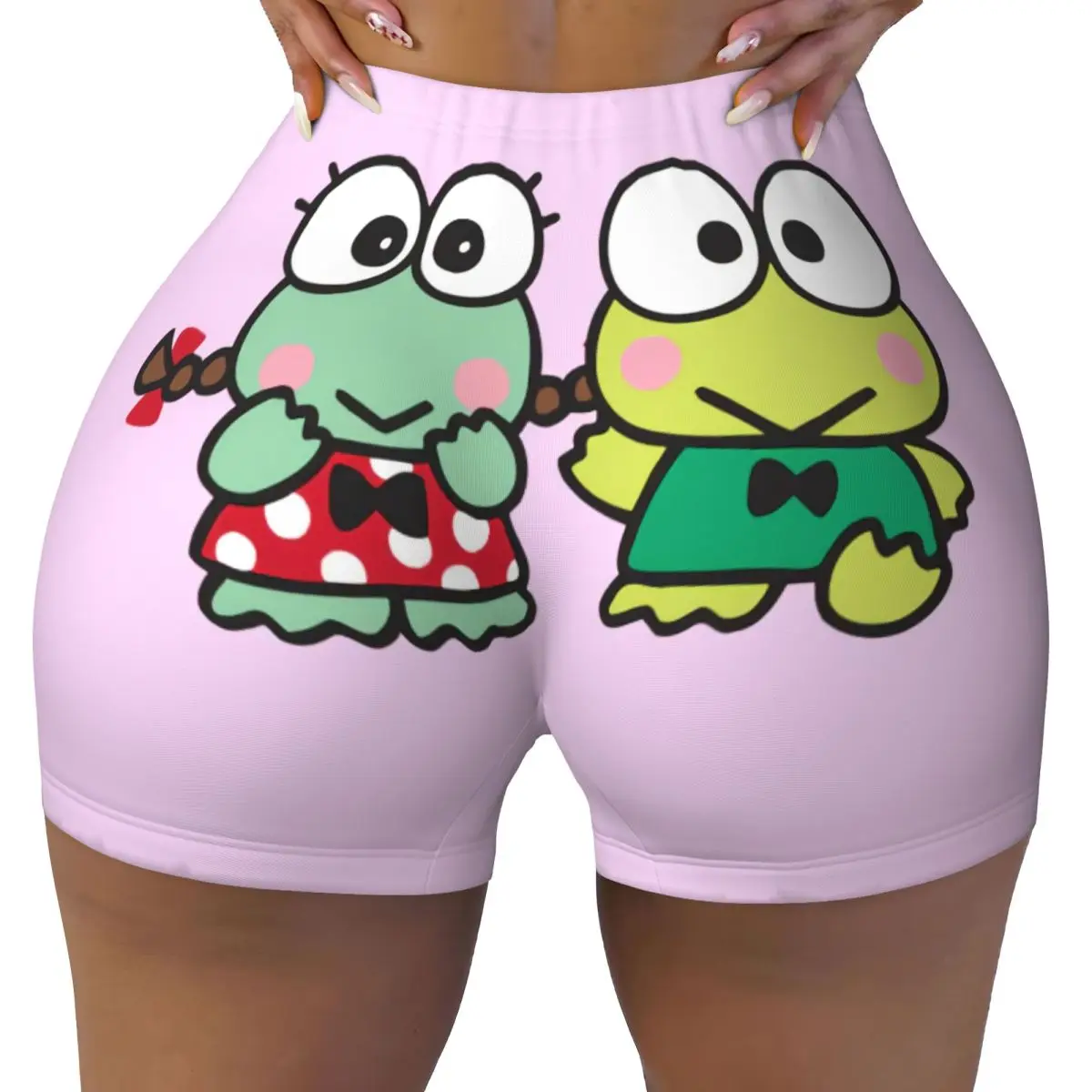 

Custom Keroppi With Friends Cute Cartoon Workout Shorts Women's Big-eyed Frog Anime Gym Running Biker Yoga Shorts