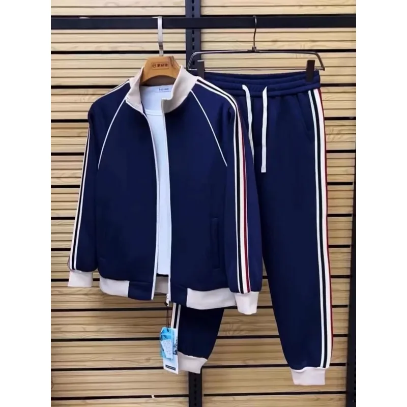 

Men's Clothing Spring and Autumn high quality Collar Casual Striped Sports suit Fashion Trendy Brand Pants suit Two-piece Set