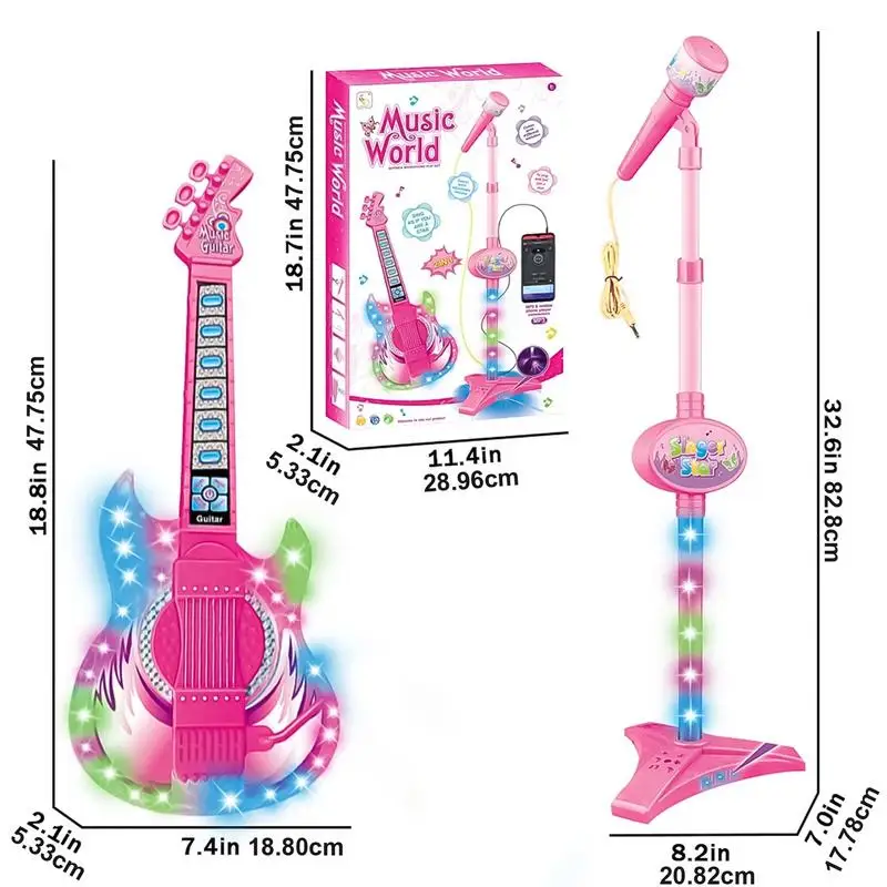 Kids Guitar and Microphone Set Musical Guitar Toy Guitar Toys With Music And Colorful Light Microphone With Adjustable Height