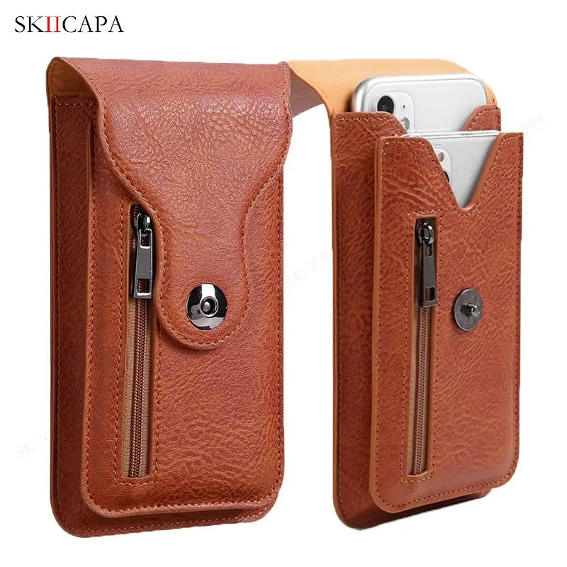 Leather Phone Pouch Waist Bag For Samsung S23 Ultra S22 Plus Zipper Wallet Card Slot Belt Clip Cover For Galaxy S21 Ultra S10 S9