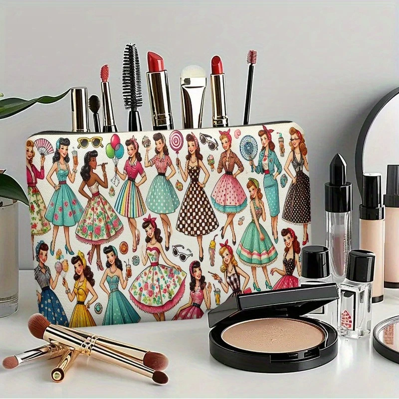 Retro Style Dress Illustrations, Double-sided Printing | Travel Toiletry Bag | Zipper Closure | Durable Fabric