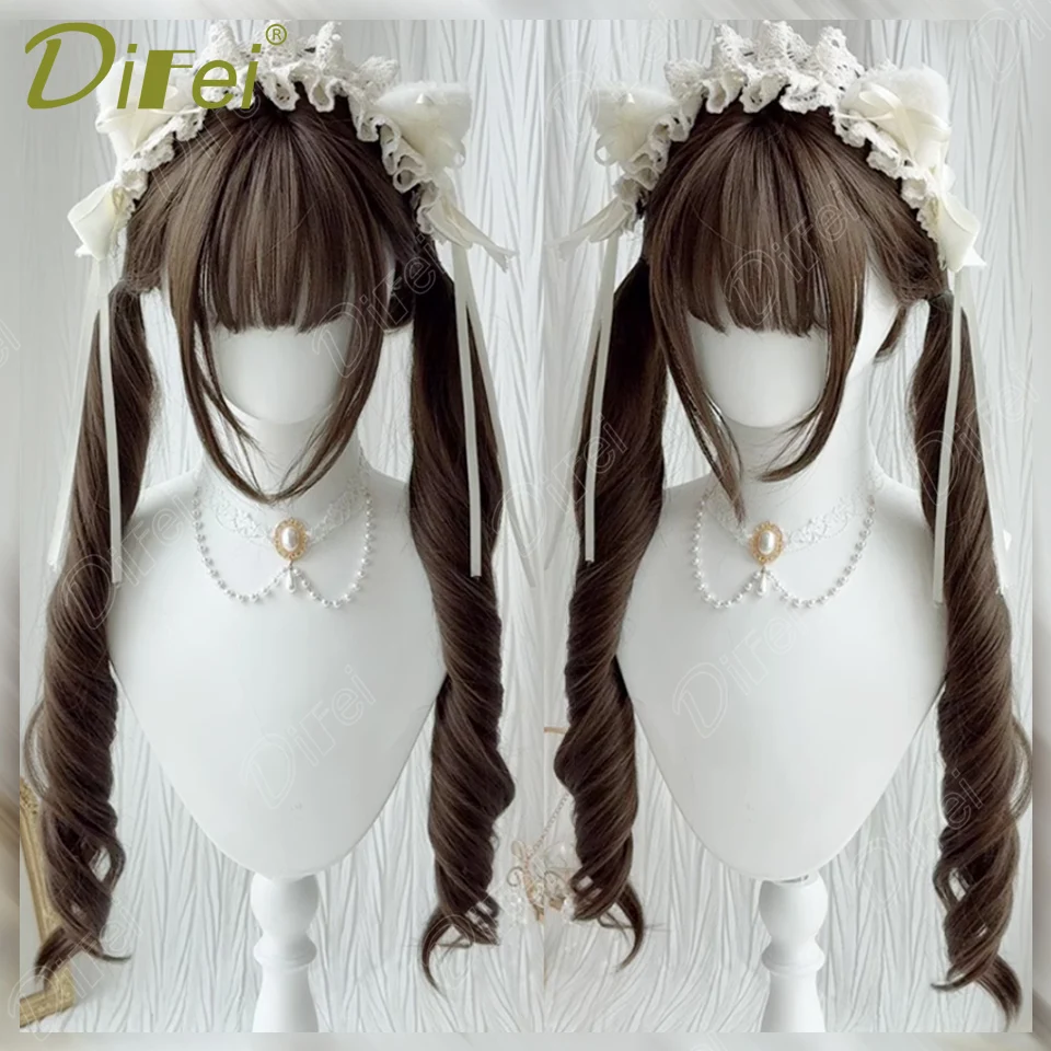 

Gray Brown Long Curly Synthetic Wig Female Curly Double Ponytail with Straight Bangs Wig Suitable for Lolita Party Cosplay Wear
