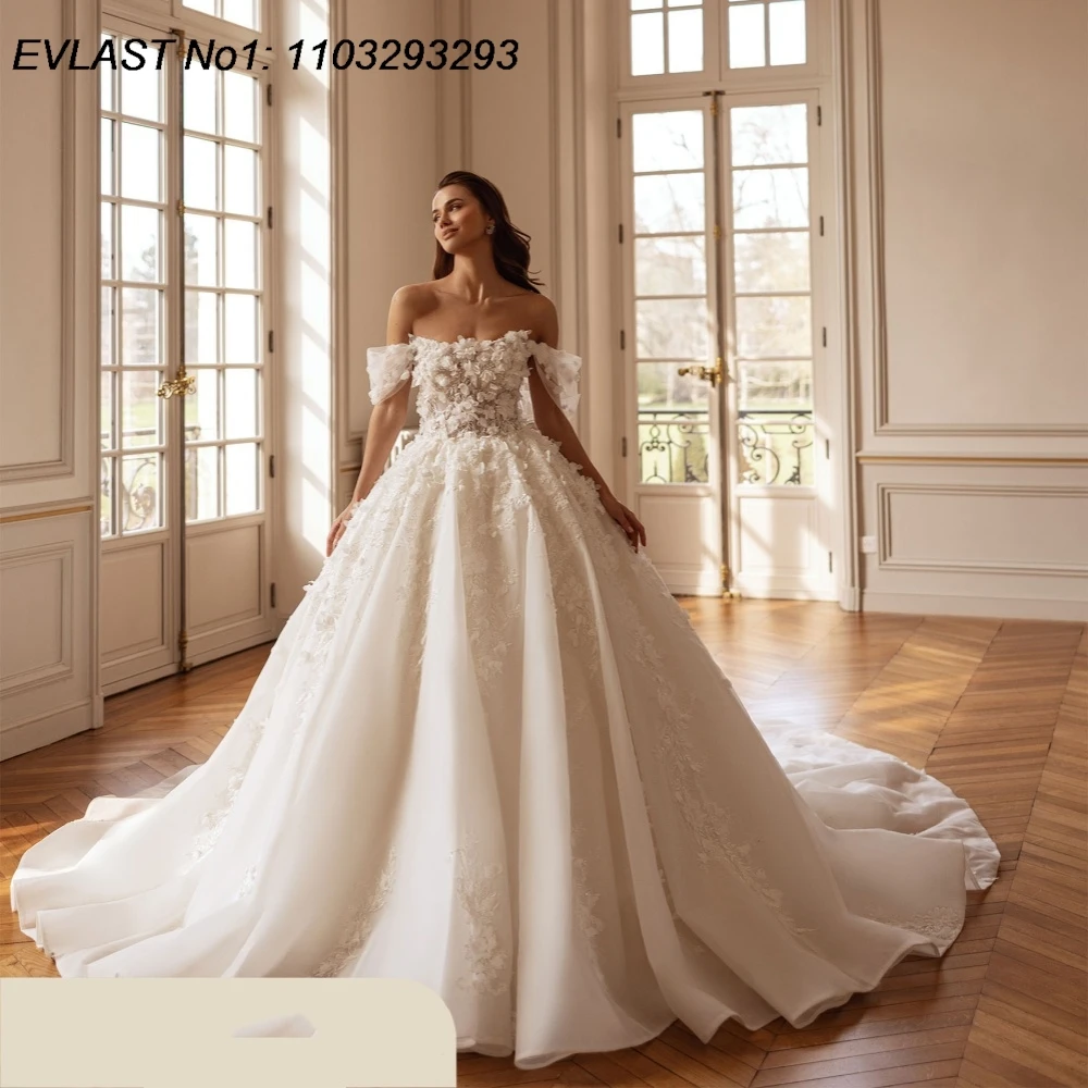 

EVLAST Customized Luxury A Line Flowers Wedding Dress Lace Applique Beaded Crystal Bride Bridal Gown Vestidos De Novia TBD170