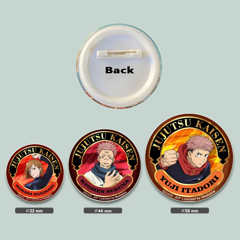 Broches de Anime Jujutsu Kaisen, insignia de cuello de mochila, alfileres de solapa de dibujos animados, regalos de joyería, colecciones de fanáticos, 32/44/58mm