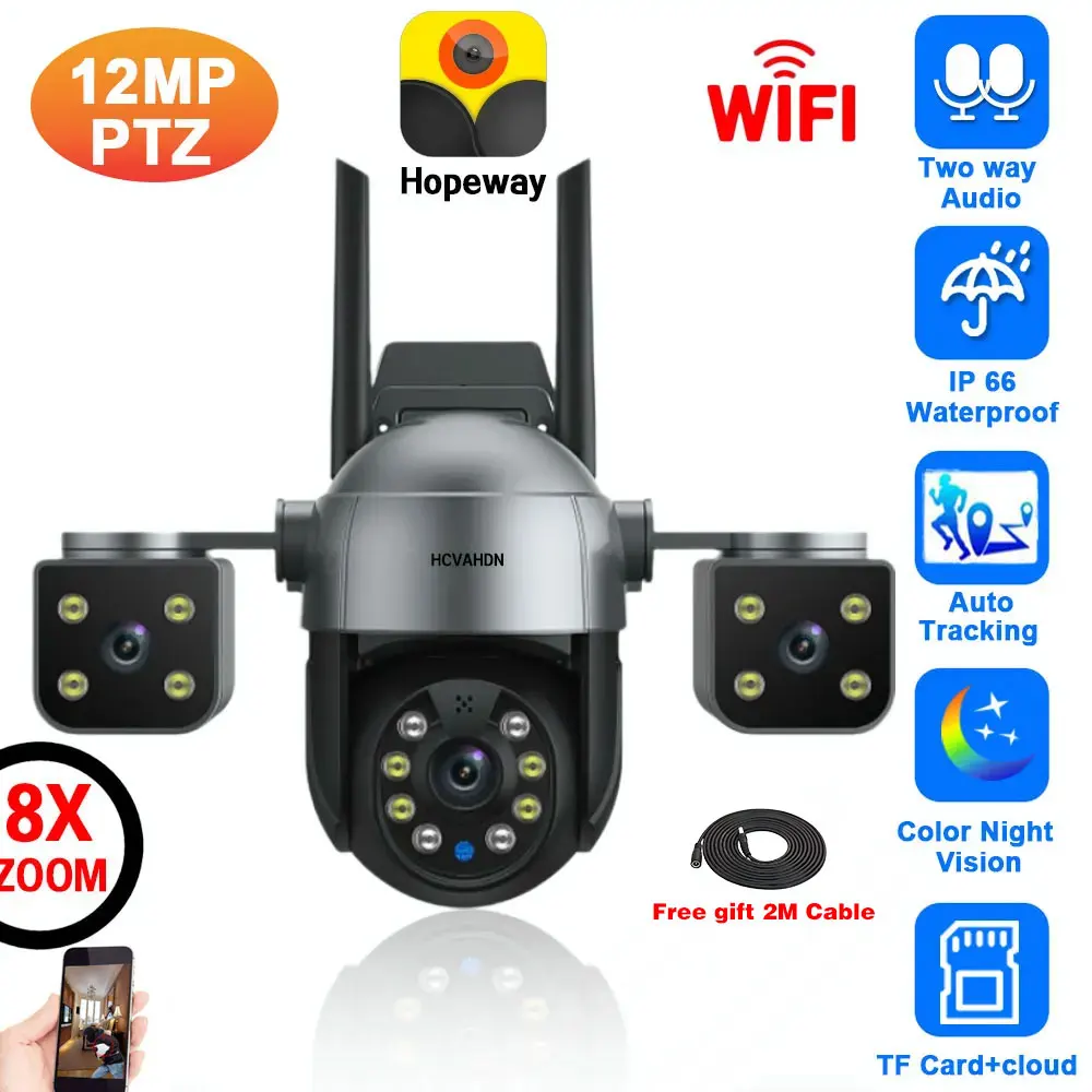 Outdoor 12MP Three Lens WIFI PTZ IP Camera with 4K Three Screens Human Auto Tracking Security CCTV Surveillance Cam 2 Way Audio