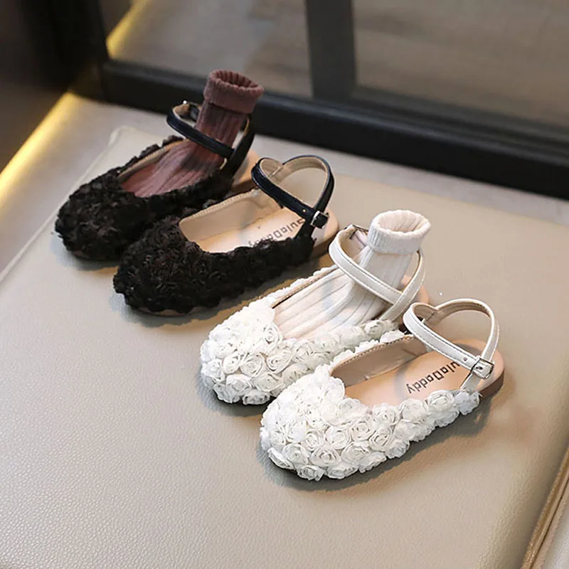 Fancy Lace Floral Slingback Sandals For Kids Brand Design Round Toe Rose Ballet Flats Child Wedding Flower Girl Shoes