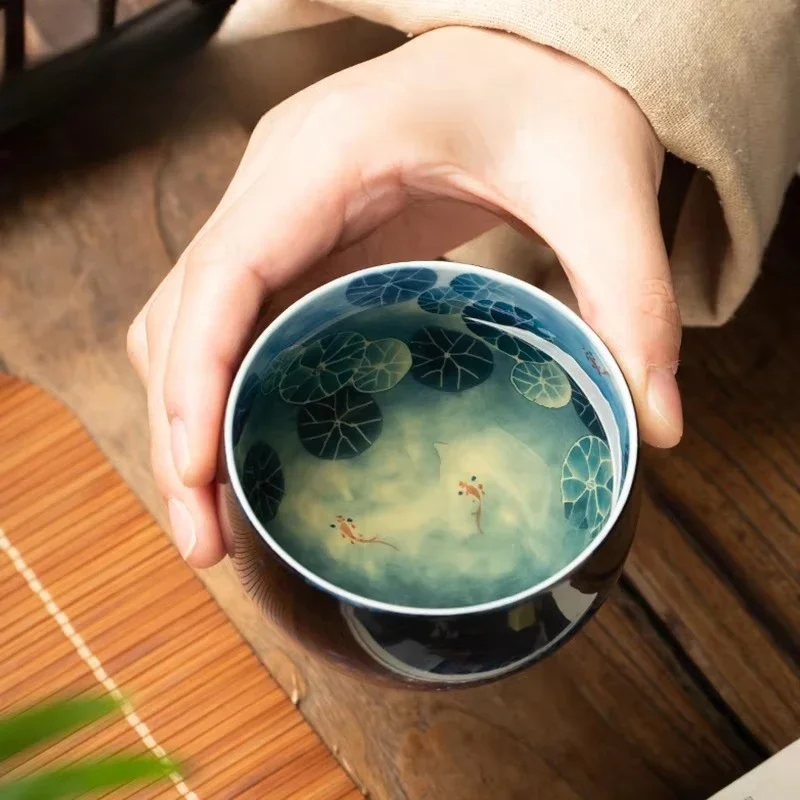 Handmade single cup lacquer, blue and white maple leaf design high-end personalized teacup