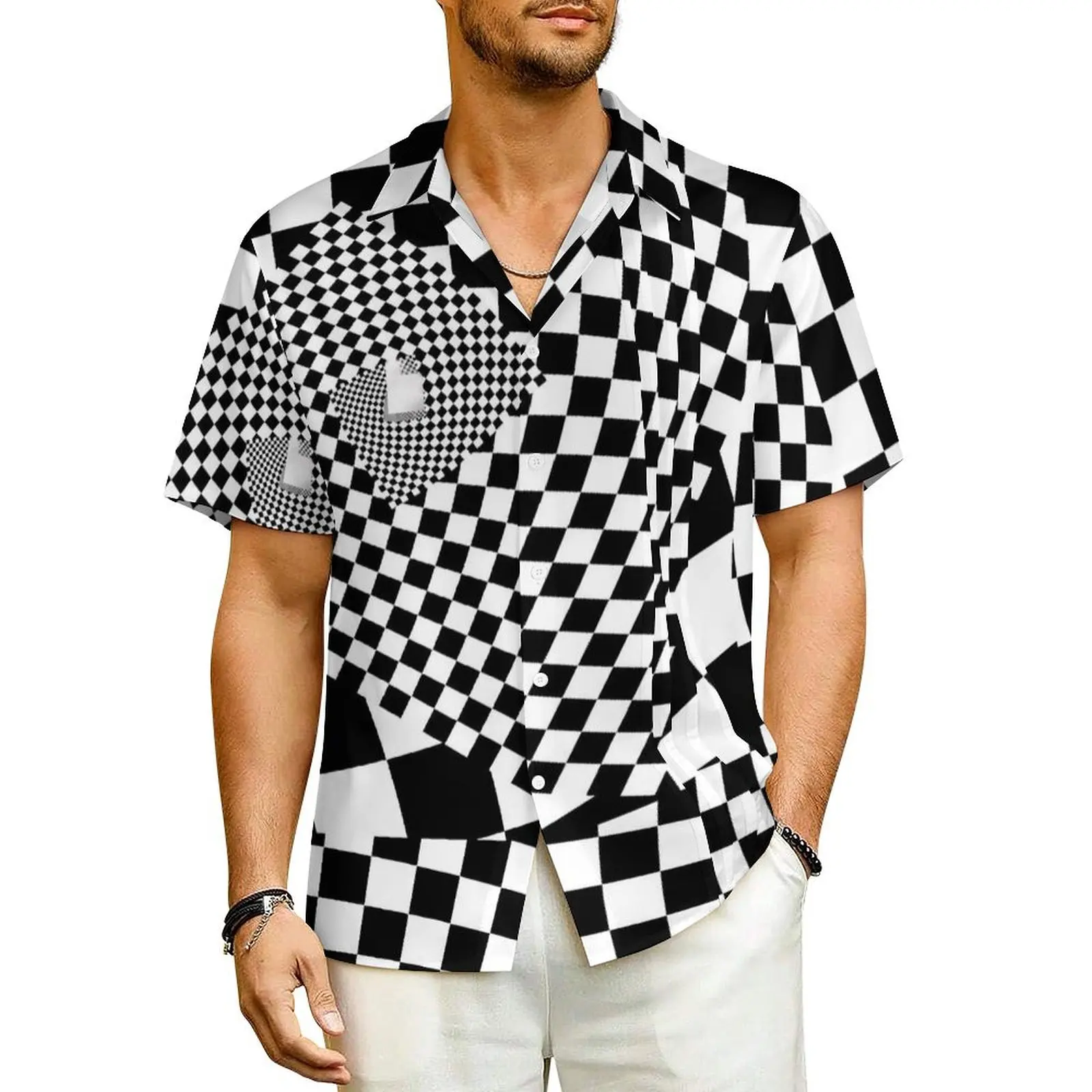 

Abstract Retro Square Beach Shirt Men Black White Chessboard Novelty Casual Shirts Hawaiian Short Sleeve Harajuku Design Blouses