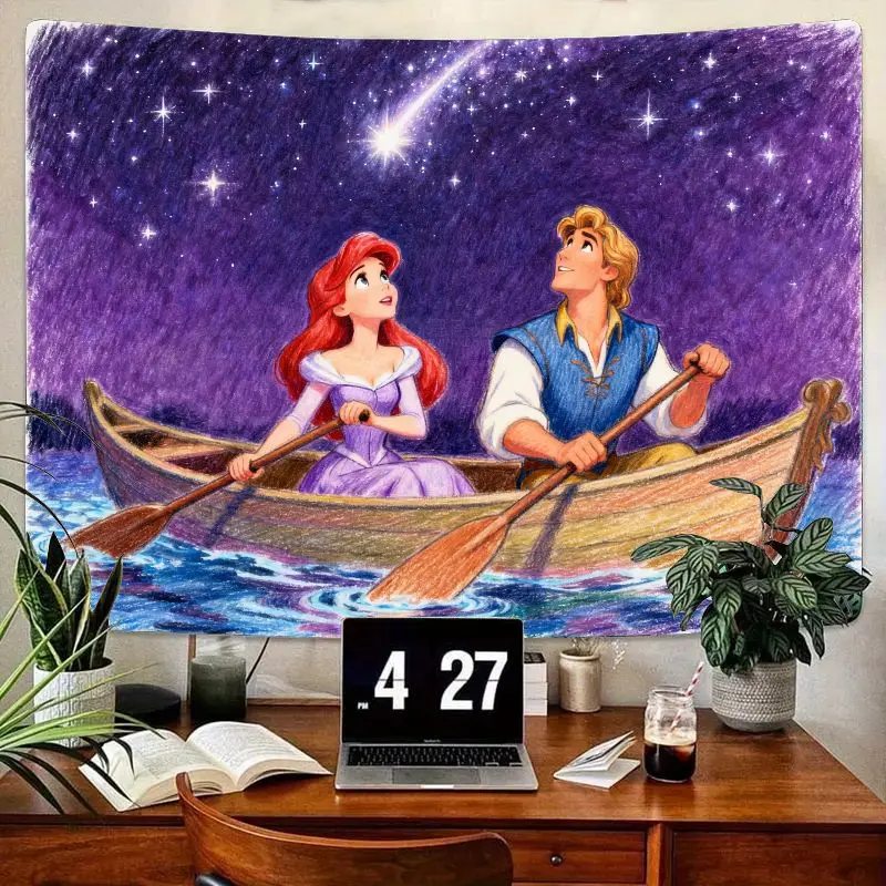

1PC Disney The Little Mermaid Ariel & Prince Eric Boat Tapestry, Magical Starry Night Wall Art Decor, Romantic Gift for Fans