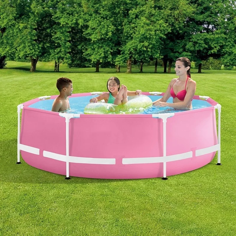 Piscina redonda de 8 pies de diámetro, color rosa, sobre el suelo, con marco redondo, fácil de montar, piscina grande con marco redondo sobre el suelo.