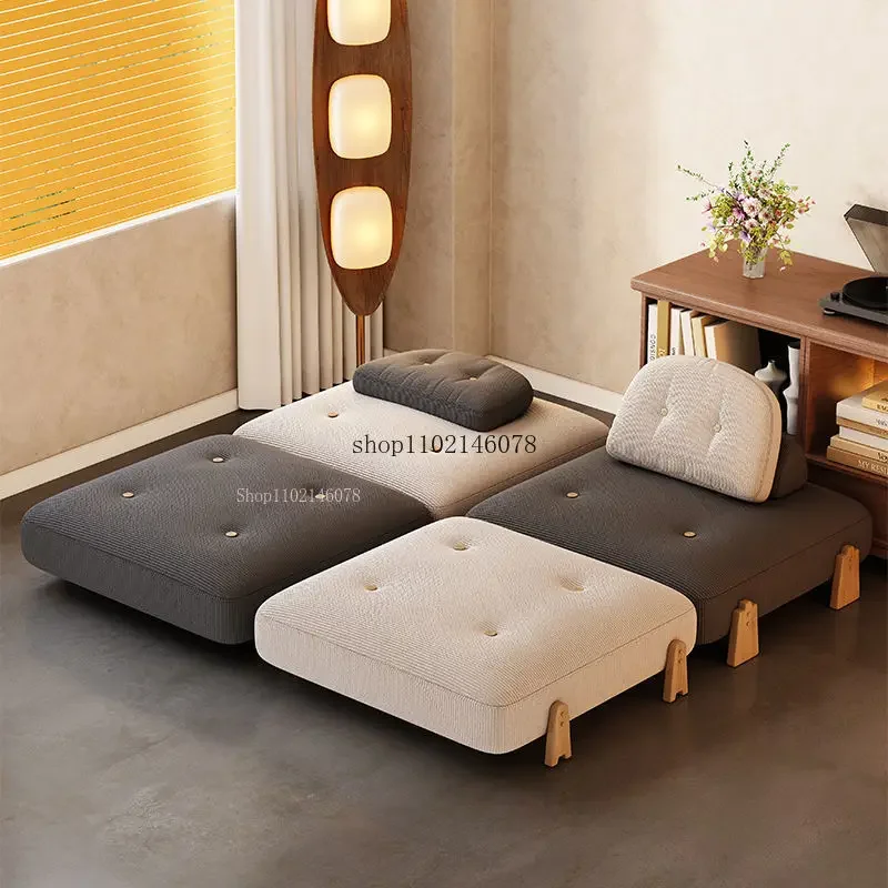 Nordic Home Lazy Sofa Small Apartment Fabric Sofas Living Room Tofu Block Module Combination Sofa Bed Dual-purpose Cream Tatami