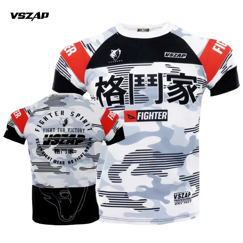 VSZAP Sports Jujitsu Quick Dry MMA Elastic Fitness Short Sleeve T-shirt Fighter Thai Boxing Suit Summer