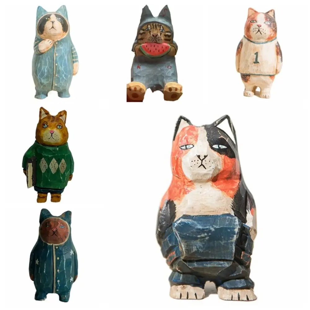 Solid Wood Wood Carving Cat Ornament Simple Style Small Painted Cartoon Cat Sculpture Handmade Cute