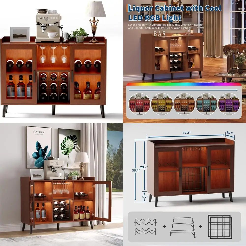 

LED-Illuminated Wooden Wine Bar Cabinet with Glass Holder, Storage, and Wine Racks for Home Liquor Display in Living Room or Kit