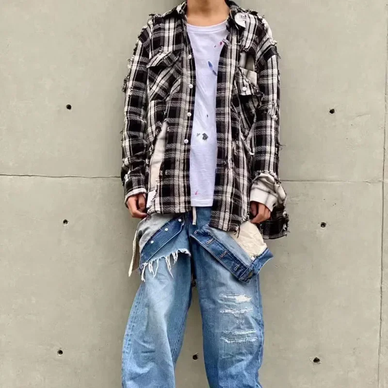 High Quality New 25SS MIHARA Japanese Black and White Plaid Damaged Double Layer Shirt Coat