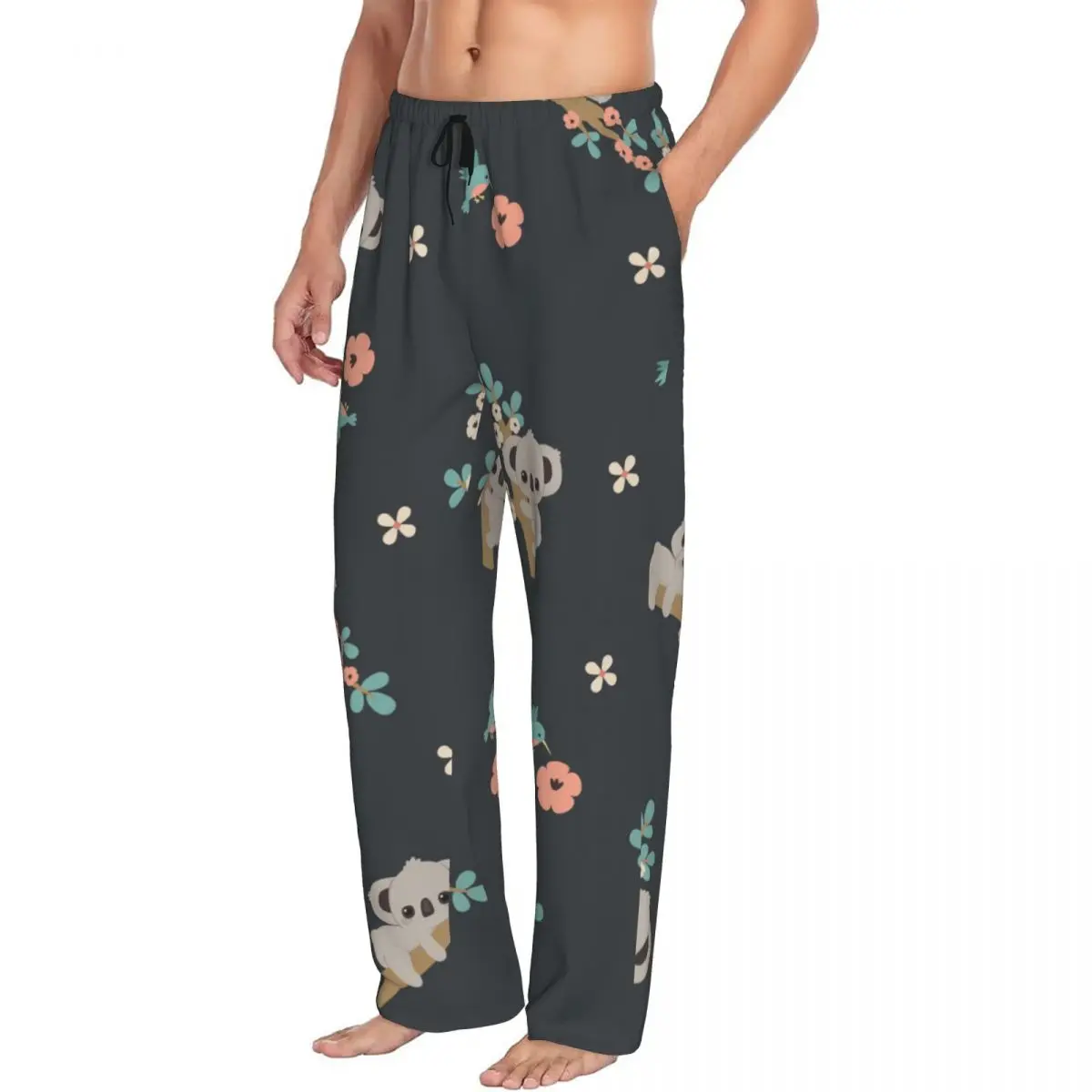 Pantalon de pyjama floral Koala de dessin animé mignon pour hommes, vêtements de nuit, ceinture élastique, bas de salon de sommeil avec poches