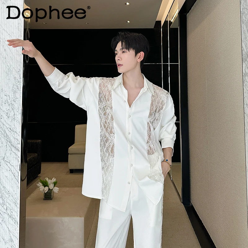 

Мужские рубашки ранней осени 2025 года, новые модные топы, мужские рубашки с длинными рукавами и кружевным дизайном, мужские модные рубашки с вырезами