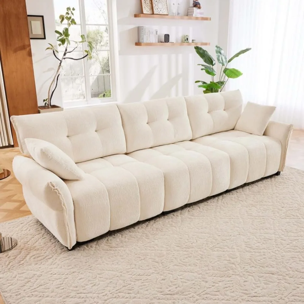 

3 - Seater Sofa Set, with 2 Ottomans & Pillows, Has Solid Wood Frame, Textured Chenille Cover. High - Rebound Cushions