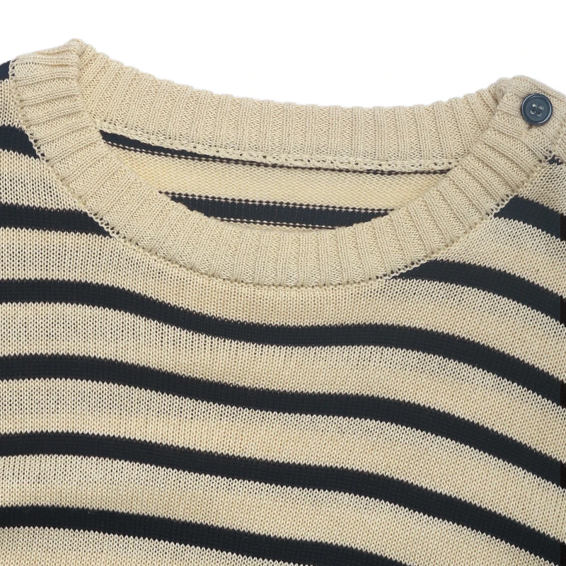 Women's Black Striped Shoulder Button Cropped Knitted Sweater Long Sleeve Autumn Winter Casual Loose Fit Daily Fashion Pullover