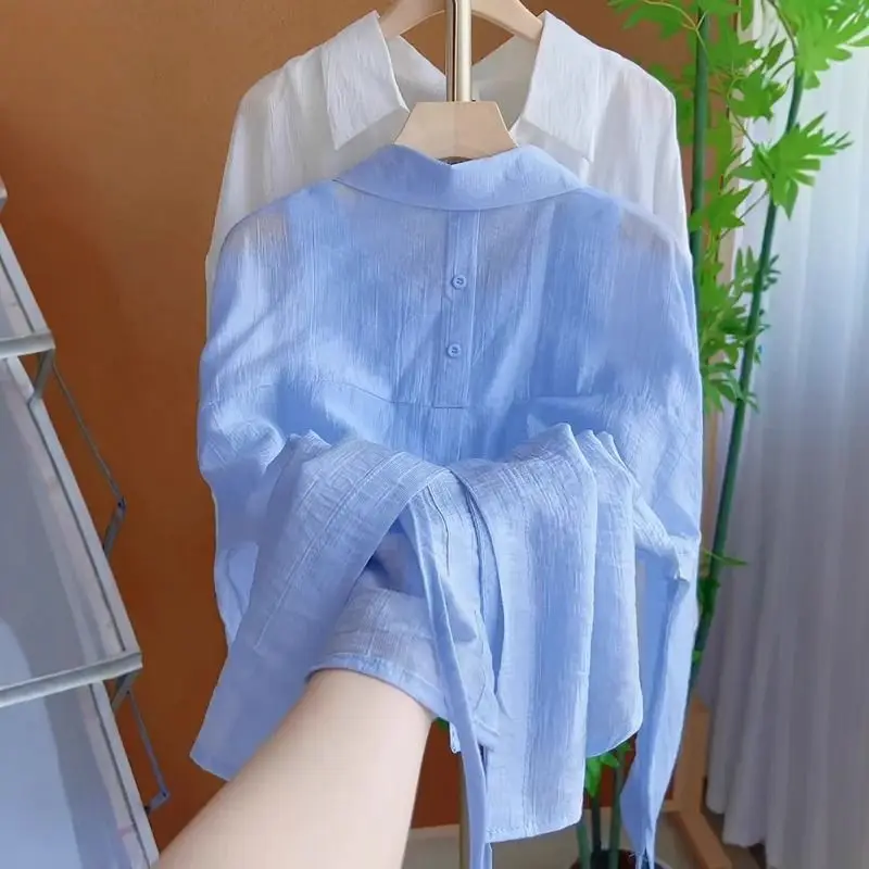 White  Collar Long Sve Women's Summer Lightweight Sun Protection irt Ba Split Belted Single Button Outerwear Cardigan