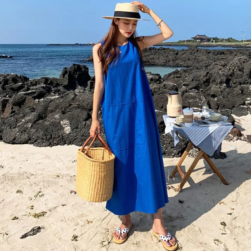 الصيف شاطئ فستان ماكسي المرأة الأزرق الأحمر بوهو فستان طويل الكشكشة عادية س الرقبة مثير فستان الحفلات رداء زائد sie فستان من القطن