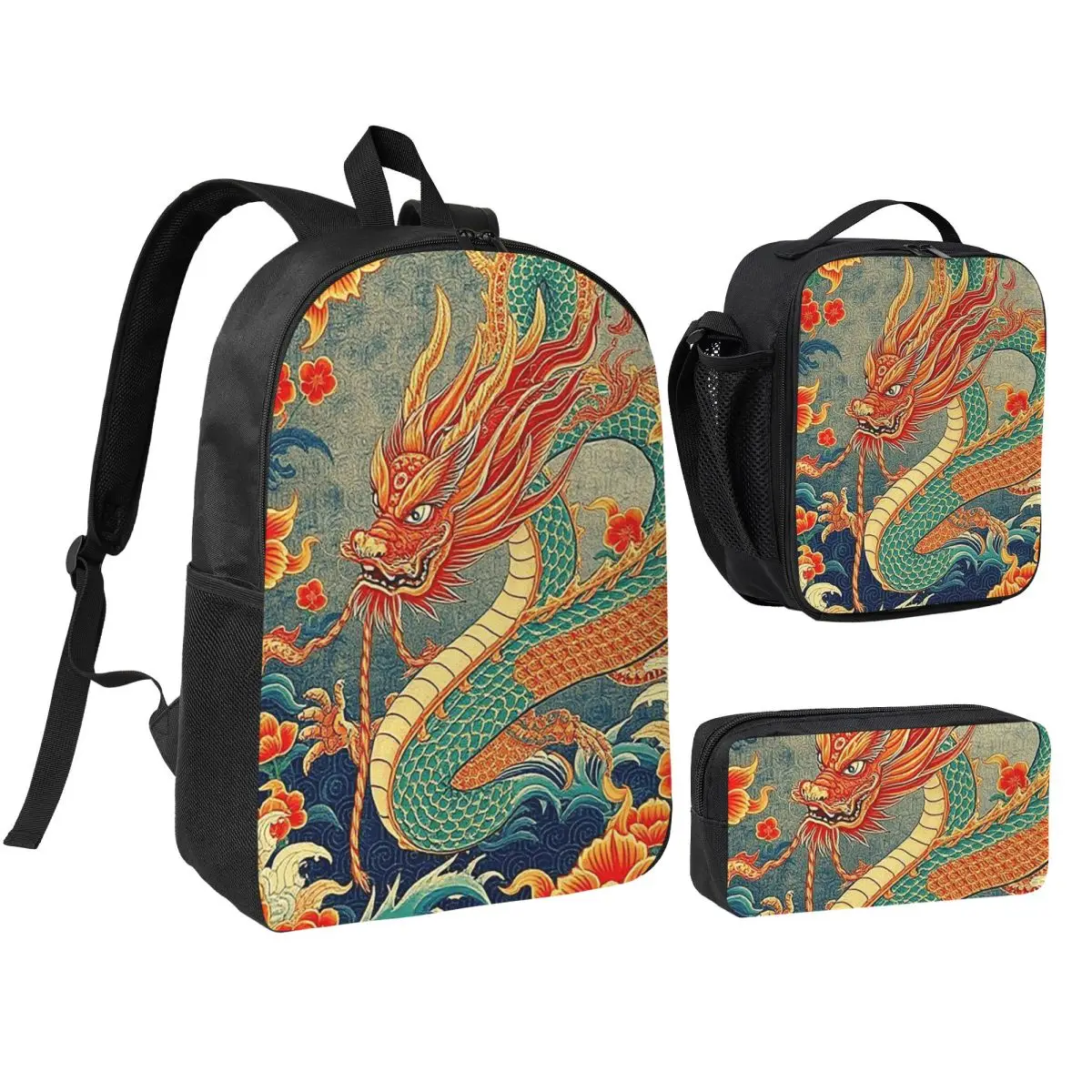 Chinese Dragon Asian Oriental Style Art Backpack Boys Girls BookBag School Bag Shoulder Bags 3ps Insulated Lunch Bag Pencil Case
