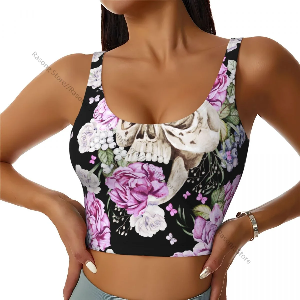 Women Sexy Sports Vest Skull And Peony Roses Female Streetwear Sport Lingerie Tee Crop Top