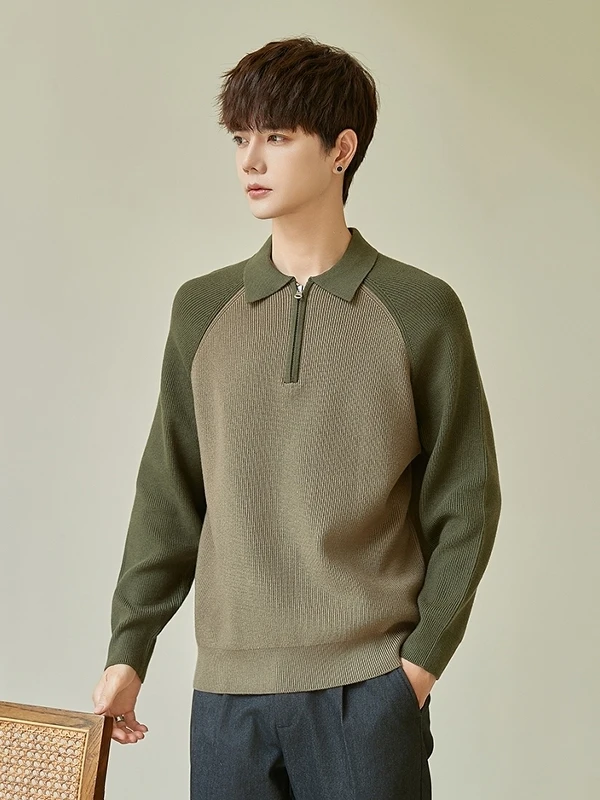 

American Casual Knitted Long Sve irt Men's Spring Autumn Sli Turn-down Collar Base Layer f Zip Sweater Trendy