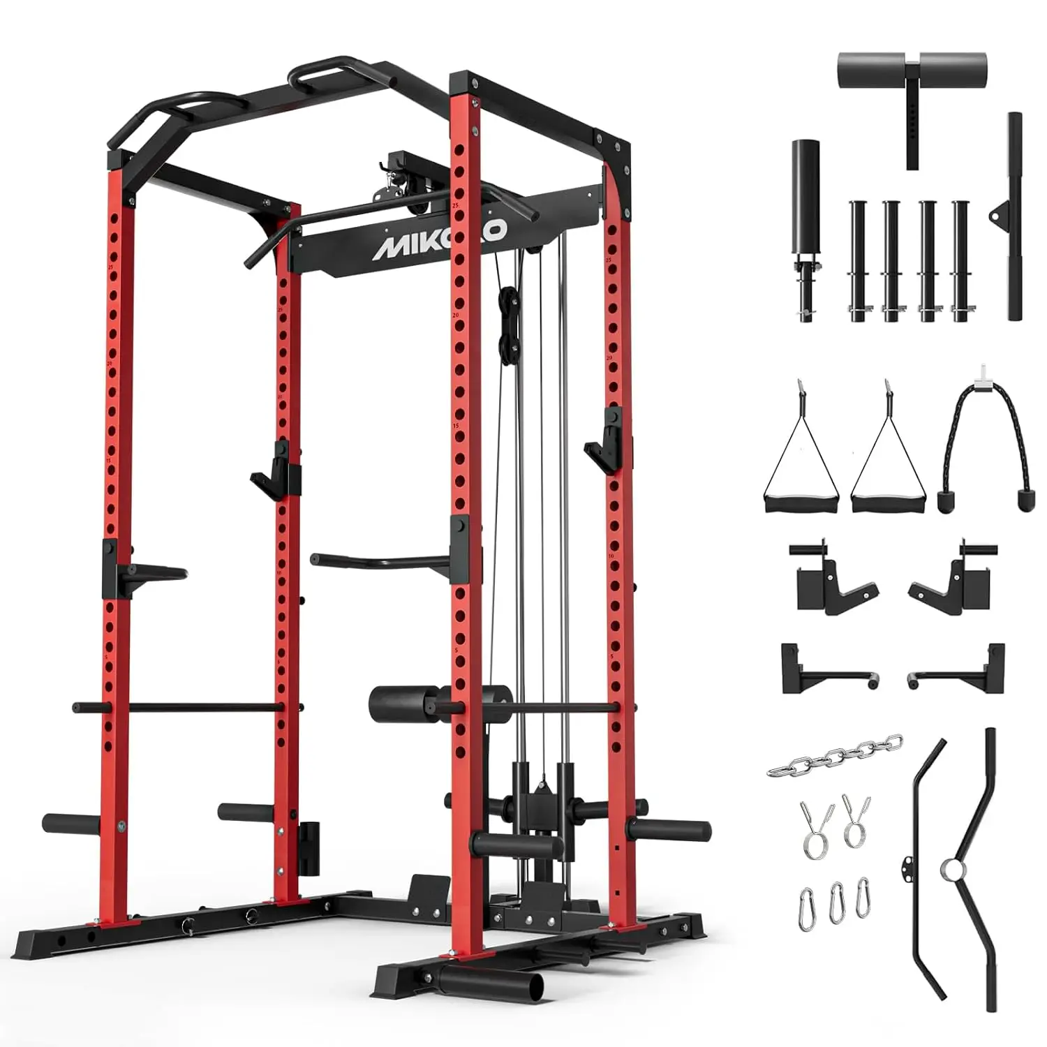 Power Cage with Dual-Track Pulley System, 1200LBS Power Rack with Leg Hold-Down for Heavy LAT Pulldowns, Customized