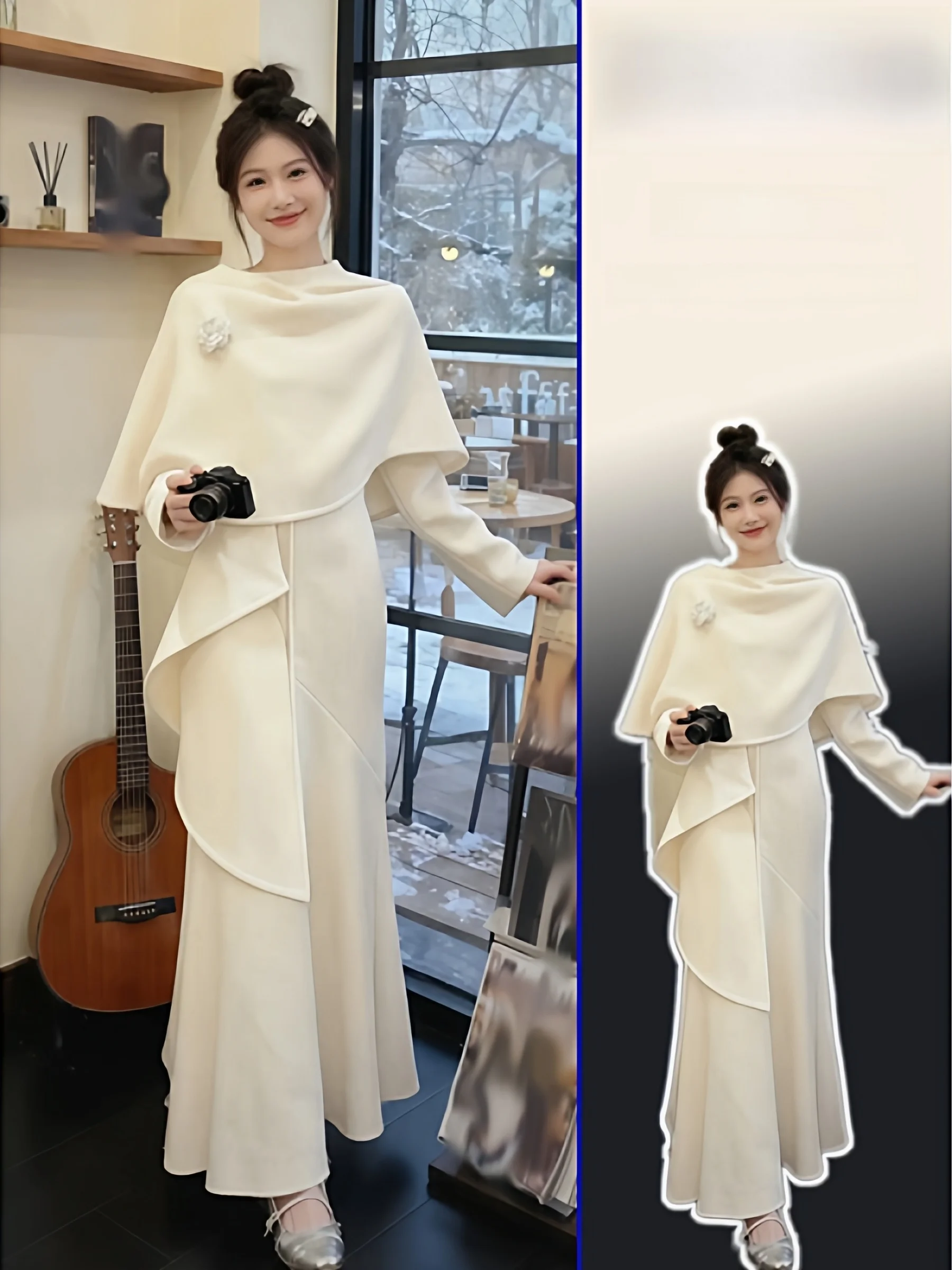

Spring Autumn plus Size Design Sense Elegance V Ne Waist Cinch Fi Tail Dr Meat Covering Large Size Cowl Ne Poncho Set