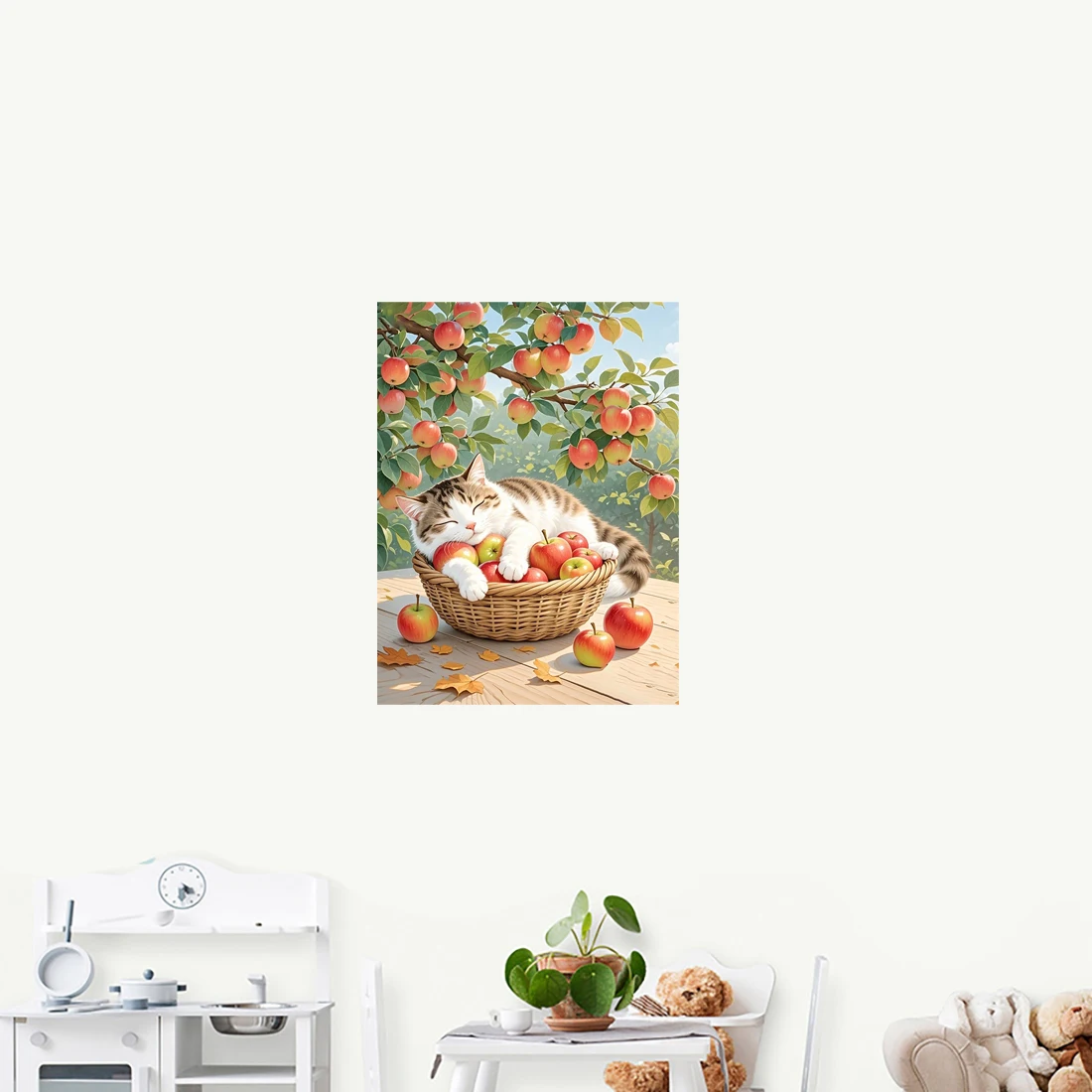 Three Ratels QHH164 Sleeping cats under apple trees animal wall stickers for home decoration