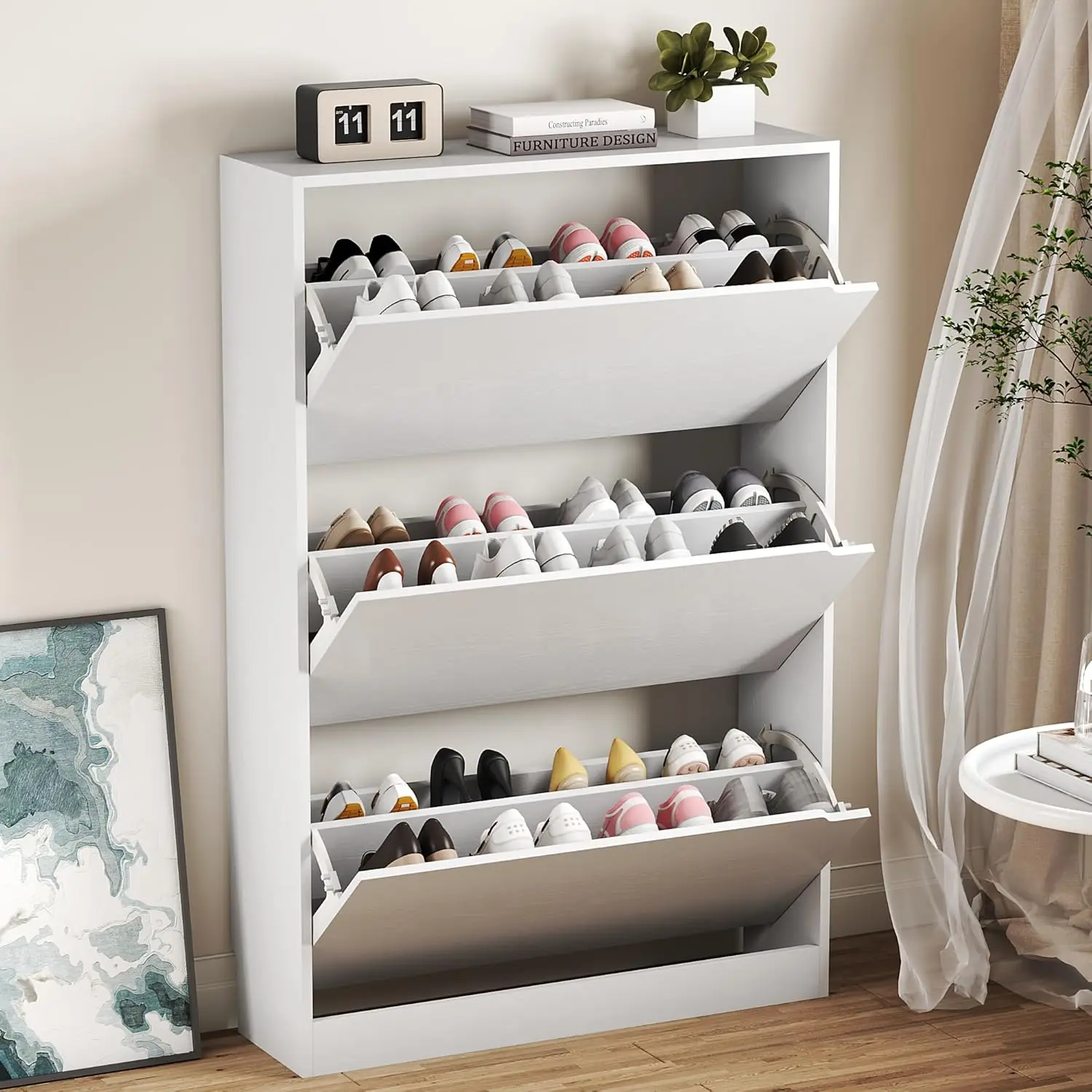 

White Shoe Cabinet with 3 Flip Drawers. Hidden Wood Design. Freestanding for Entryway. Dimensions: 47.2"H × 31.5"W × 9.25"D.