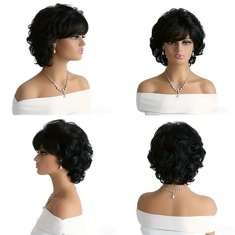 Women's Black Medium Wave Wigs, Natural Synthetic Full Wigs, Suitable for Any Occasion, Stylish and Elegant Waves