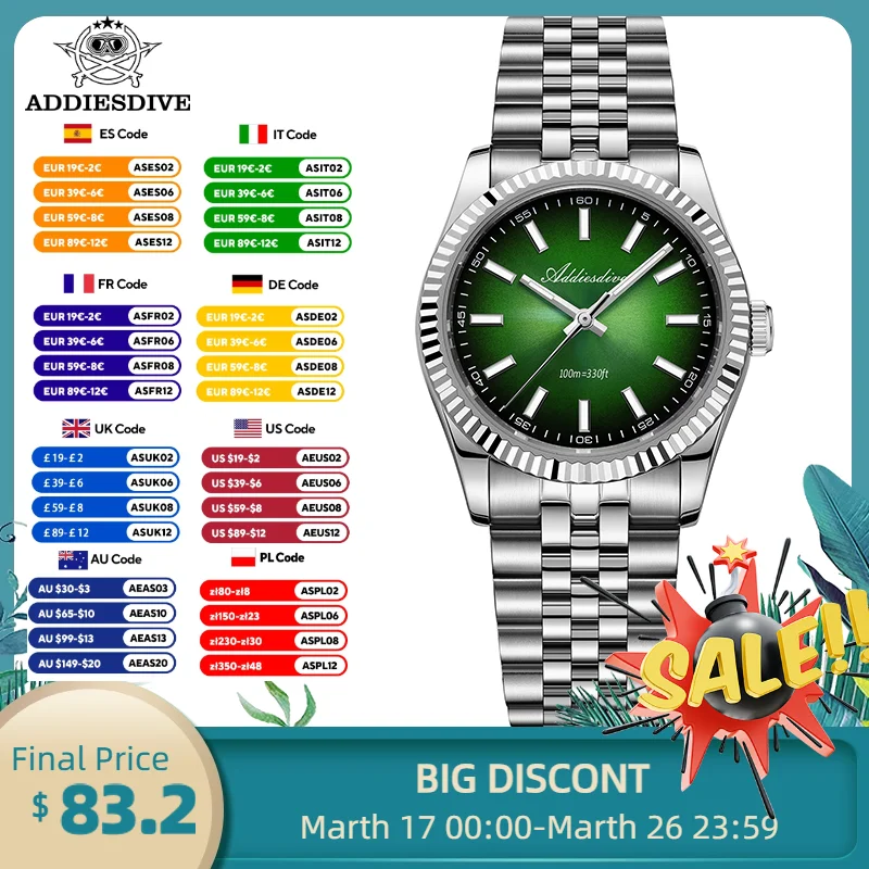 

ADDIESDIVE Men's Watch New Sapphire Glass Stainless VH31 Quartz Watches Ultrathin 100M Waterproof Luminous Luxury Watch AD2073