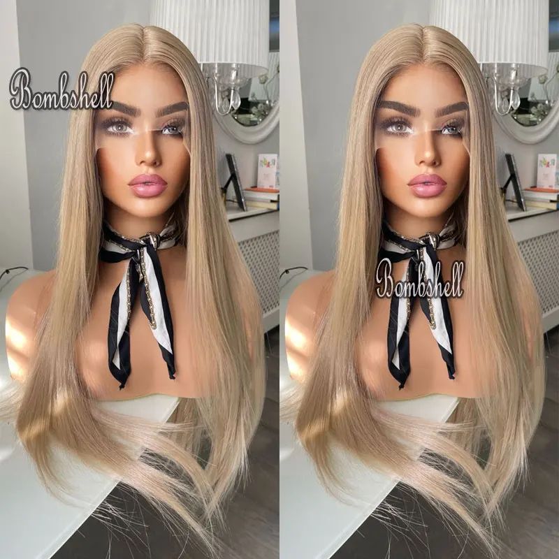 

Blonde Mix Gold Straight Synthetic 13x4 Lace Front Wig High Quality Heat Resistant Fiber Hair Natural Hairline For Fashion Women