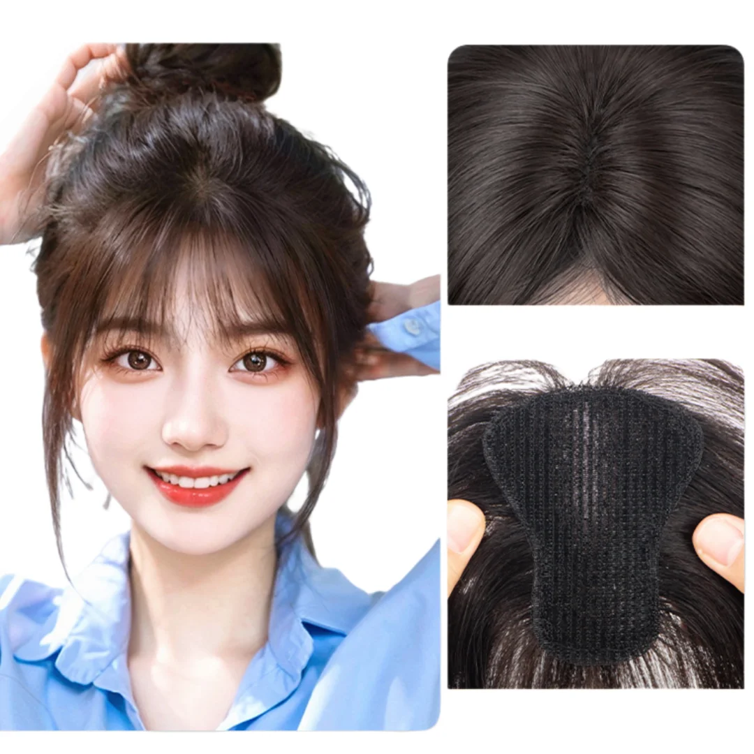 Invisible Magic Paste Hair Toppers French Bangs for Women with No Clips in Hook and Loop Natural Hair Patches Easy to Wear