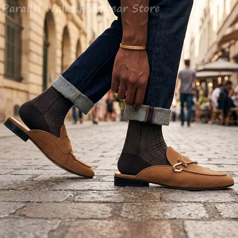 Suede Mules Men Backless Loafers Gold Buckle Slip On Driving Shoes Casual Brown Flat Slippers Summer Outdoor Dress Sandals Pumps