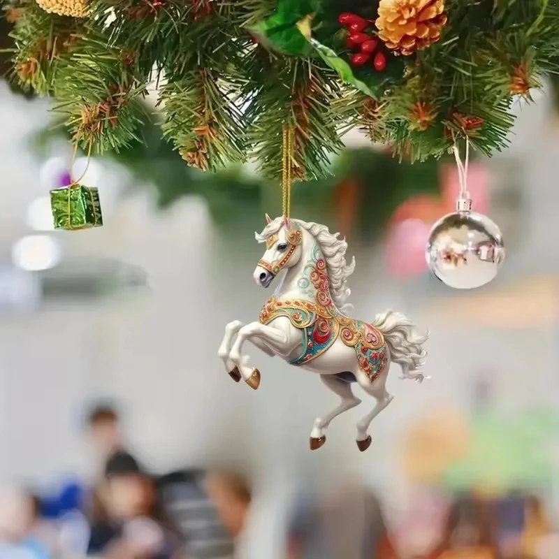 

New White Horse Acrylic Flat Christmas Tree Decoration Car Rearview Mirror Pendant Home Decoration Backpack Keychain Hanging