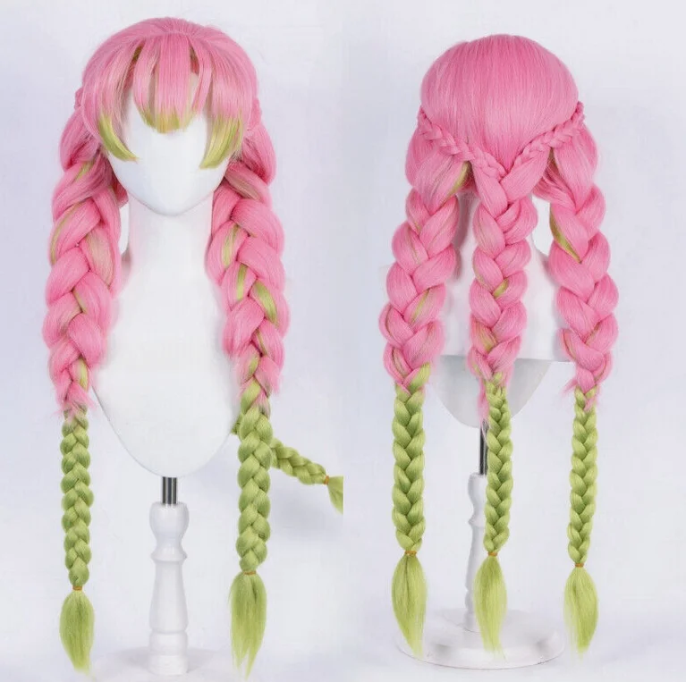 Kanroji Mitsuri Cosplay Wig Kimetsu No Yaiba Long Pink Mixed Green Braided Hair